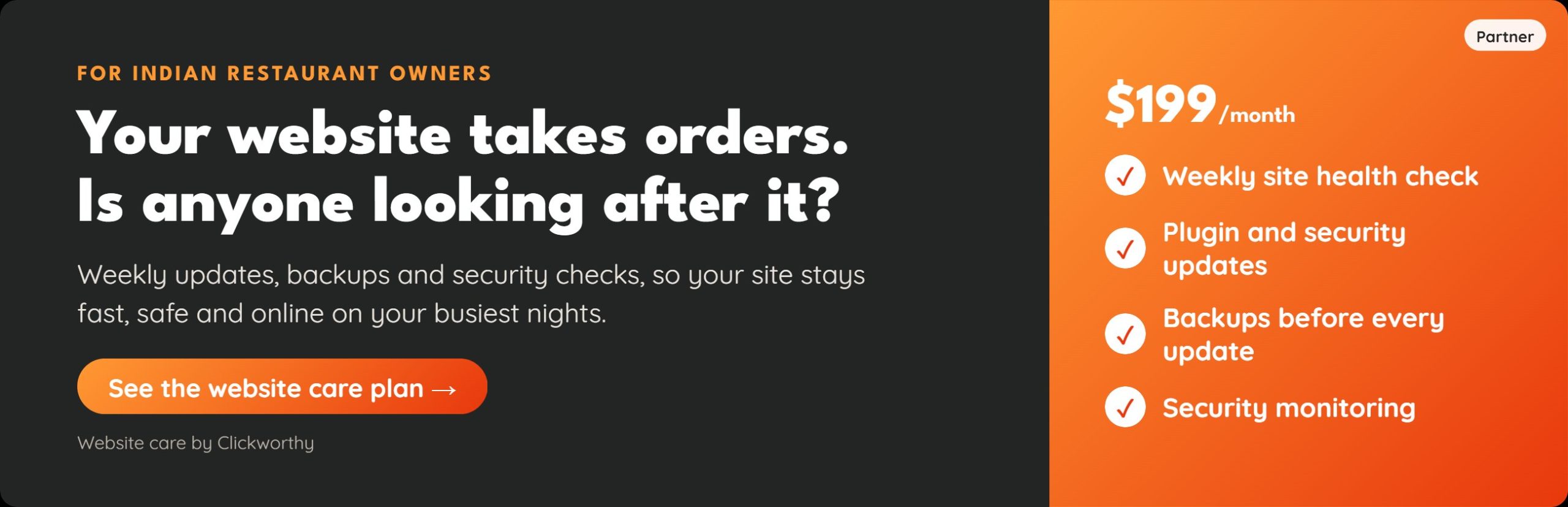 Website care plan for Indian restaurant owners, $199 a month