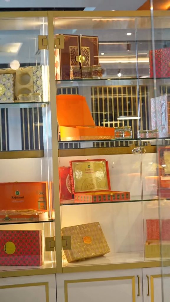 Rajdhani Sweets mithai gift boxes on display